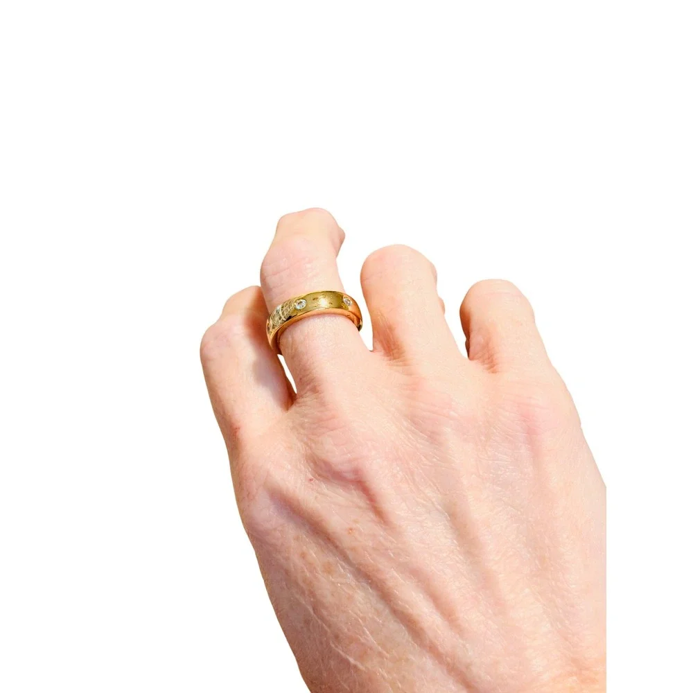 Gold Tone Cigar Band Ring with Three Clear Crystals Women Jewelry Sparkle SZ 6
